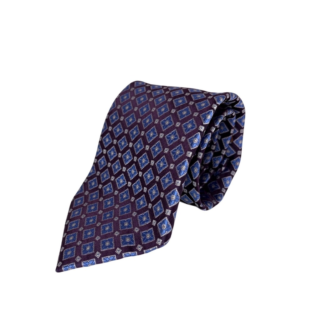 Tasso Elba Mens Purple Blue Geometric Diamond Medallion 100% Silk Handmade Tie
